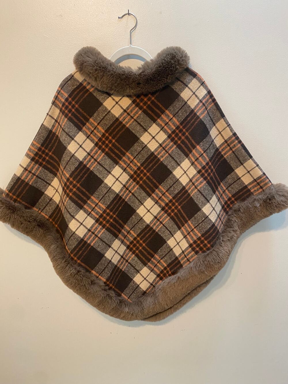Adrienne Landau Plaid Poncho Cape Faux Fur Trim Brown One Size